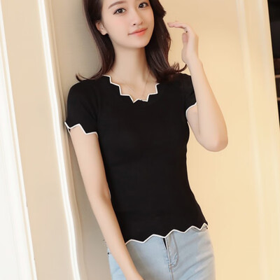 

Summer New Fashionable Design Ladylike Temperament Wavy-shaped Neckline Blouse Solid Slim Short-sleeved Knit Womens Top
