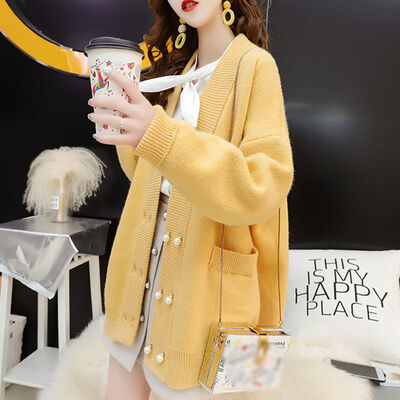 

White Sweater Women Korean Style Double-breasted Solid Long Sweet Sweater Cardigan Loose Casual V-neck Female Knit Cardigan