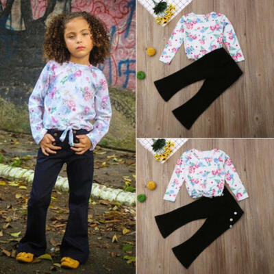 

Autumn New Kids Baby Girls Clothes Flower Tops Flared Pants Set Outfits Outfit