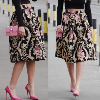 

Retro Women Floral High Waist Dress Skater Flared Pleated Swing Long Skirt Dress