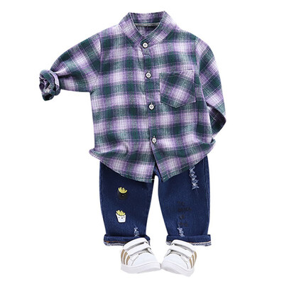 

Autumn Set Children Boys Casual Long Sleeve Plaid Print Shirt TopsCartoon Denim Pants Trouser Set