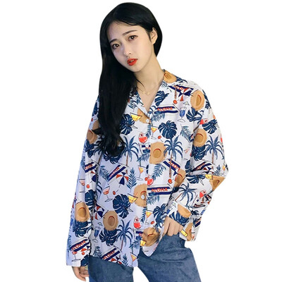 

Women Loose Lapel Shirt Casual Blouses Fashion Printed Long-sleeved Shirt Female Blosues