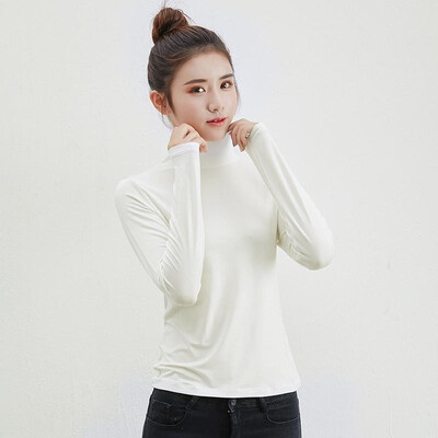 

Women Basic T-shirt Comfortable Model Stretch Solid Color Turtleneck Long Sleeve Slim Casual Base Layer Tee
