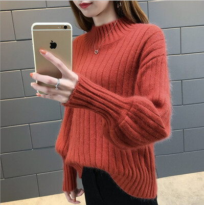 

2018 new autumn&winter extra thick lantern sleeve waist top with bottom blouse top womens loose half high collar