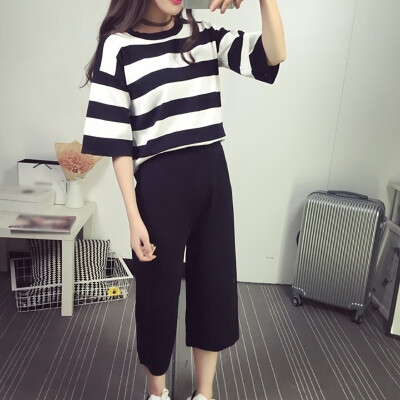 

Womens Tracksuit Fashion Striped T Shirt&Pants 2 Piece Set Female Cotton Casual Pants Suits Set Summer Outfits