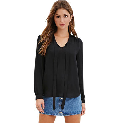 

Fashion Casual Vogue Autumn Women Blouses Shirts Chiffon Full Sleeve Bow Solid Color V-Neck Blouse S4