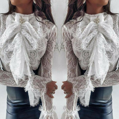 

UK Fashion Womens Lace Long Sleeve Tops Bowknot Shirt Slim Fit Casual Blouse