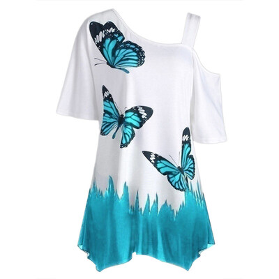 

Plus Size Women Butterfly Print T-shirt Cold Shoulder Short Sleeve Tunic Tee Top