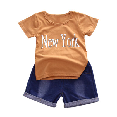 

Summer Baby Boys Clothes Sets Short Sleeve Letter Print Tops T-shirtDenim Shorts Casual Kid Clothing