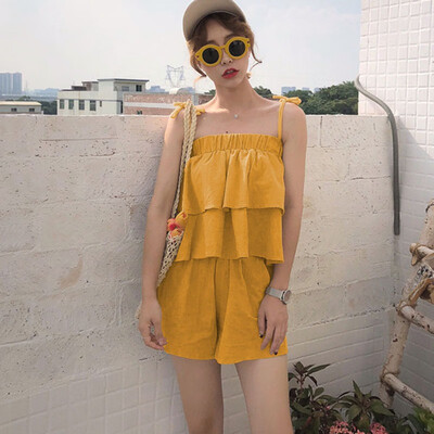 

Womens Fashion Solid Ruffles Cami Top And Shorts Boho Summer Sleeveless Elastic Waist Camisole Two Piece Set Outfits