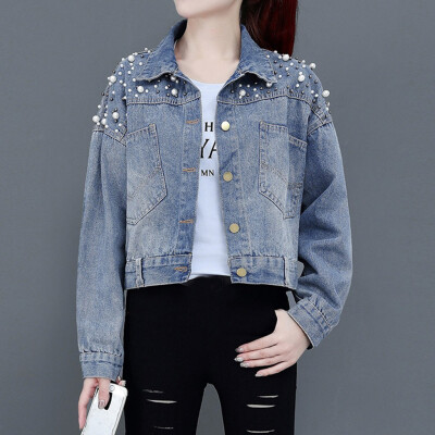 

Toponeto Women Blue Denim Jacket Loose Short Pearl Denim Solid Color Pocket Coat