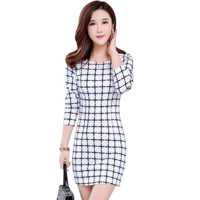 

Bodycon Dress women new plaid printed 34 sleeve summer autumn dresses black white elegant office OL style Fashion Vestidos