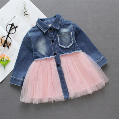 

AU Toddler Kid Baby Girls Long Sleeve Shirt Collar Denim Summer Party Tutu Dress