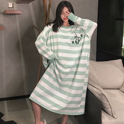 

Women Sexy Pajamas Cotton Round Neck Long Sleeve Nightdress Lingerie Stripes Print Home Clothing