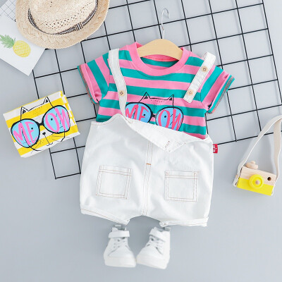 

Rainbow Stripe T-shirt For Girls Clothes Set Summer T-shirt Round Collar Casual TopsBib Pants Fashion Girls Clothes Set