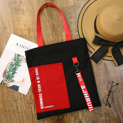 

Women Patchwork Pocket Color Letter Streamer Canvas Handbag Large Capacity Female Bag Shoulder Tote Bags for women bolso mujer
