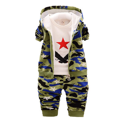 

Childrens Camouflage Boys Sportswear Set Fashion Autumn Cotton Camouflage Hooded Vest Long Sleeve T-Shirt Pants 3PCS