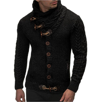 

Male Men Turtleneck Sweater Cardigan Coat Horns Buckle Knitted Sweaters Jacket