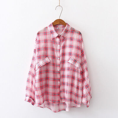 

Women Chiffon Blouse Top Full Sleeve Shirts Summer Sun Protection Tops Plaid Print Thin Shirt Blouse