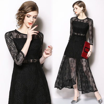 

2018 Autumn Womens Lace Dresses Floral Crochet Black Split Maxi Vestidos Casual Slim Office Party Long Dress