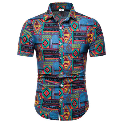 

Tailored Mens Summer Print Turn-Down Collar Slim Fit Short Sleeve Top Shirt Blouse