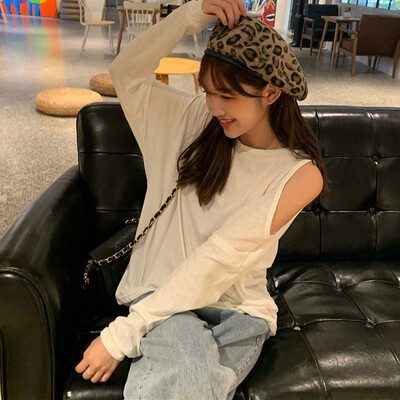 

Women Sexy Off-shoulder Slim T-shirt Tops Round Collar Solid Color Thin Section Long Sleeve Tops