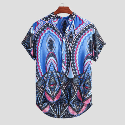 

Toponeto Mens Vintage Ethnic Ptinted Stand Collar Short Sleeve Loose Casual Henry Shirts