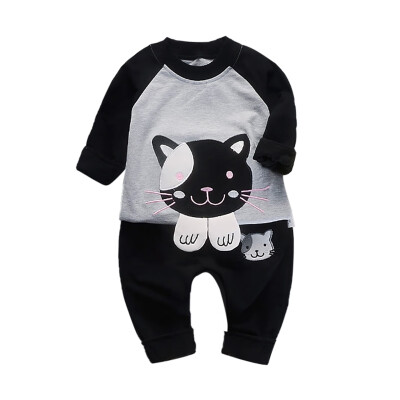 

Autumn Set Children Baby Girls Boys Set Casual Long Sleeve Cartoon Cat Pattern Sweatshirt TopsPants Trouser Set