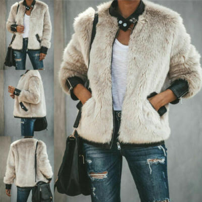 

Womens Ladies Faux Fur Jacket Fleece Coat Zip Up Casual Tops Outfits UK