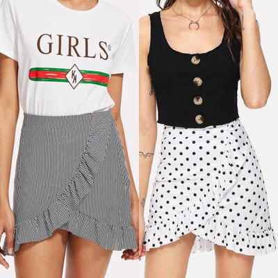 

Women Striped Ruffle Hem Overlap Skirts Bandage High Waisted Bodycon Ladies Wrap