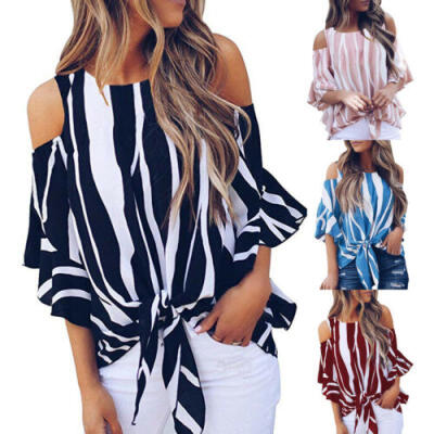 

UK Women Striped Off Shoulder Loose Tops Ladies Summer Casual Baggy Shirt Blouse