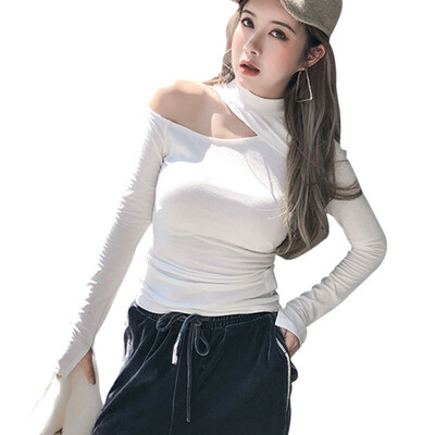 

T Shirt Women Sexy Cut Out Off Shoulder T-Shirt Femme 2019 Autumn Womens Clothing Stand Collar Long Sleeve Solid Tops