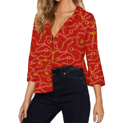

Fashion Three Quarter Sleeves Print Women Shirt Spring Autumn V Neck Casual Button Ladie Shirts