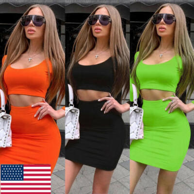 

Fashion Sexy Women Round Neck Long Sleeve Crop Top Mini Skirt Sport Outfits Set