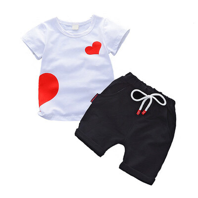

Summer Kids Baby Set Boys Girls Printed Heart White T-Shirt Solid Shorts Girls Two Piece Set Suits Childrens Clothing