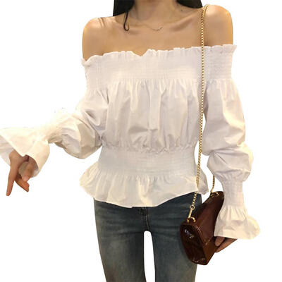 

Women Blouse Long Puff Sleeve Strapless Ruffled Solid Chiffon Fashion Tops