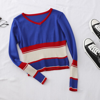 

Slim Long-sleeved Knitted Shirt Women Fahsion Sweater Women Stitching V-neck T-shirt
