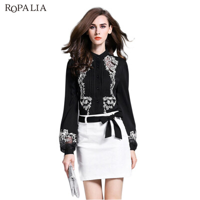 

ROPALIA Spring Autumn Women Floral Embroidery Fold Tops Hollow Out Lace Shirt Lantern Sleeves Ladies Chiffon Blouse