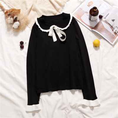 

Women Sweater Turn-Down Collar Bow Sweet Sweater Long Sleeve Autumn Knitted Pullovers Korean Fashion Kawaii Female Tops