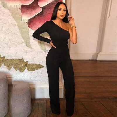 

Women Jumpsuit Solid Color One Shoulder High Waist Tied Bandage Wide Legs Pants Sexy Street Wear