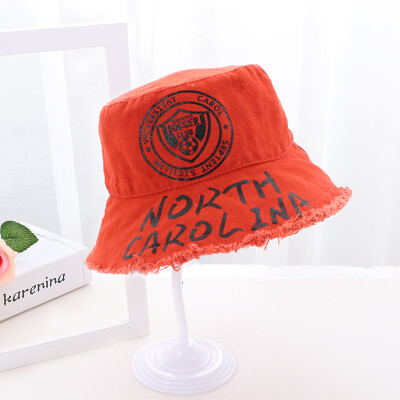 

New Korean version of the fur-side denim letter childrens baby hat cute shade flat top basin hat fisherman hat