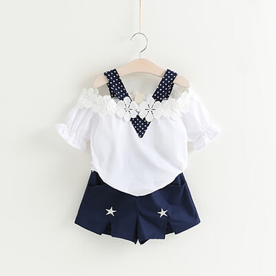 

2018 Baby Girl Clothing Set White Flower Shoulder Strapless T-shirt Pentagram Blue Shorts Set Casual Sweet Princess Girl Set