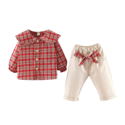 

Spring Autumn Children Girl Cartoon Plaid Printed Long Sleeve Round Collar Casual Tops Pants