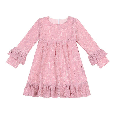 

Children Girl Baby Girl Dress 2-7T New Autumn Lovely Girls Cute Lace Round Collar Princess Long-Sleeved Sweet Solid Color Dress