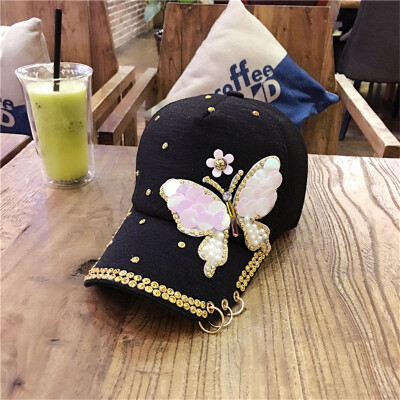 

Hat womens summer Korean butterfly inlaying baseball cap outdoor women sun-shading duck tongue cap metal three-ring sun cap