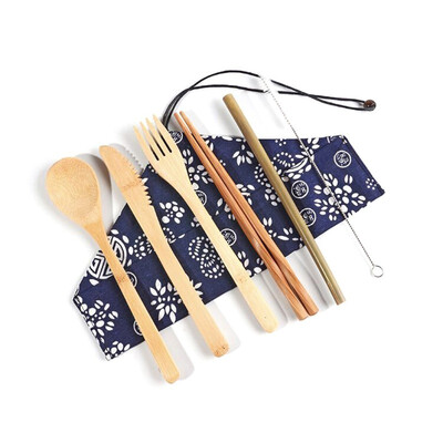 

7Pcsset Japanese Style Bamboo Wooden Cutlery Set Fork Cutter Cutting Reusable Kitchen Tool With Bag Useful Kitchen Cooking Tool