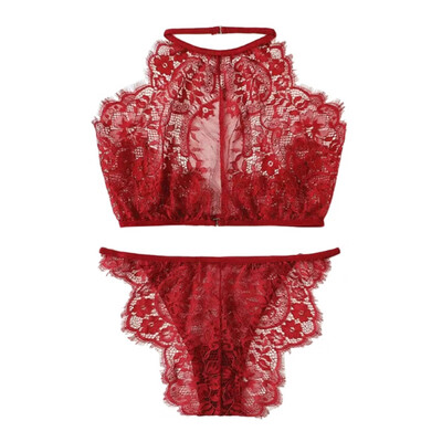 

Eyelash Lace Perspective Underwear Hanging Neck Type Ultra-thin Two-piece Sexy Three-point Suit For Women