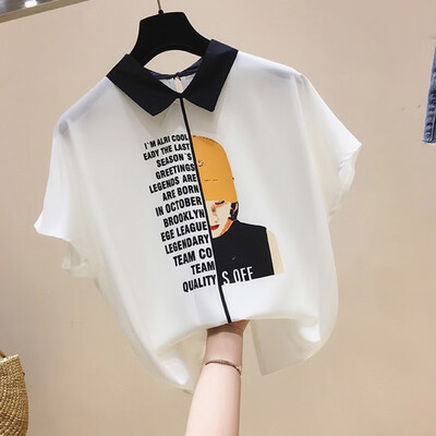 

Blouse Women Tops Peter Pan Collar Short Sleeve Letter Print Pullover Chiffon Blouse Korean Style Elegant Office Lady
