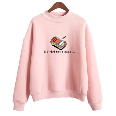 

Women Turtleneck Sweatshirts Animation Sushi Print Hoodies Fleece Loose Pullover