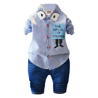

2 Piece Clothing Set Long Cute Sleeve Cartoon Stripe Shirt Denim Pants Trouser Set Casual Suit Toddler Boy Outfit Set